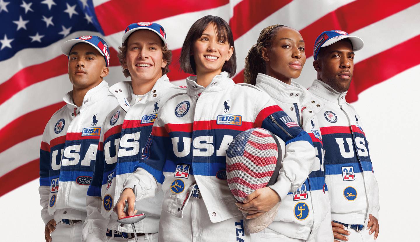 Olympic athletes wearing the Team USA closing ceremony uniforms.