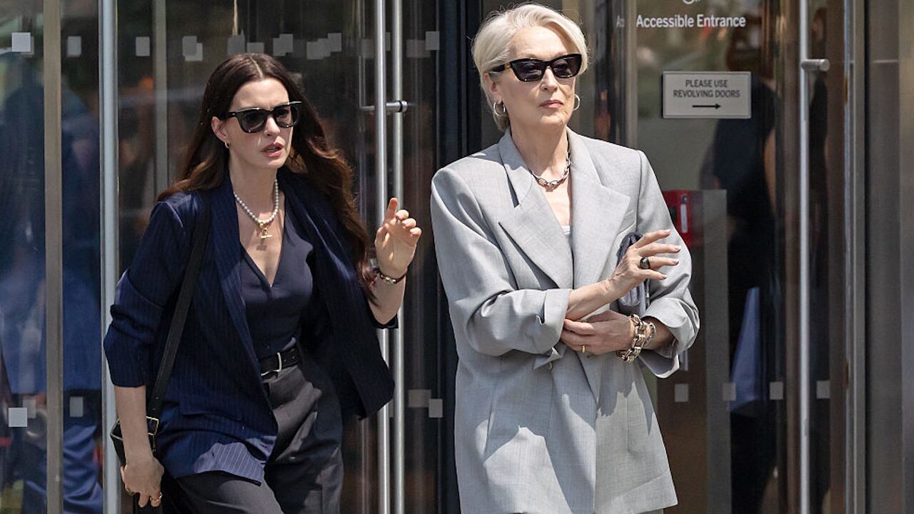 Anne Hathaway, left, and Meryl Streep, are reprising their roles on the set of "The Devil Wears Prada 2.