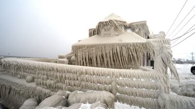 Ice covers Hoaks Restaurant along the Lake Erie shoreline the Buffalo suburb of Hamburg, New York.